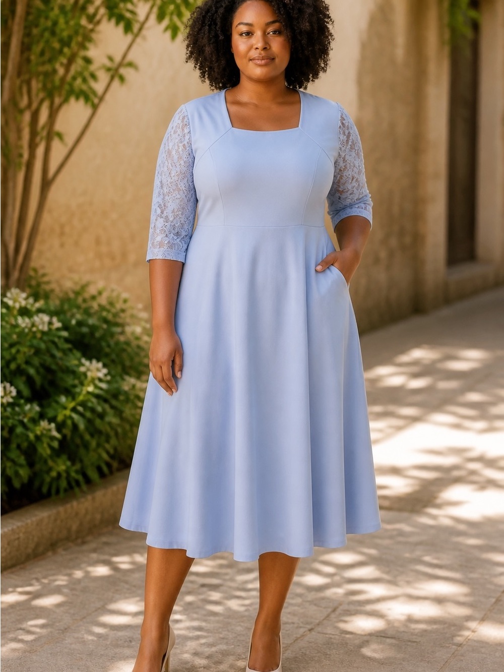 Elegant Blue Lace Sleeve Dress